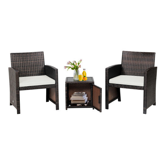 3 Pieces Patio Wicker Furniture Set with Storage Table and Protective Cover-Off White