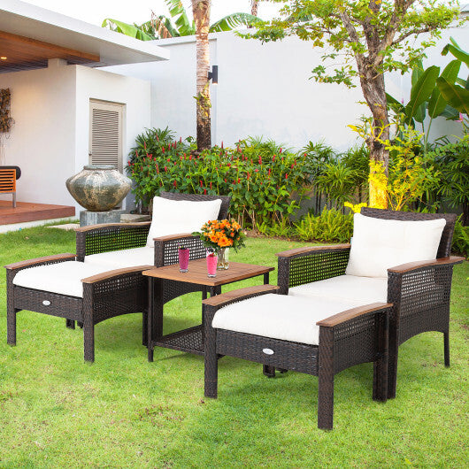 5 Pieces Patio Rattan Furniture Set with Acacia Wood Table