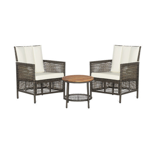 3 Pieces Patio Rattan Furniture Set with Cushioned Sofas and Wood Table Top-White