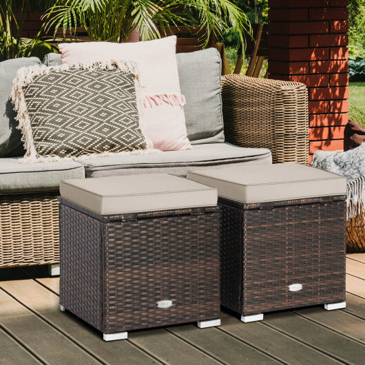 2 Pieces Patio Ottoman with Removable Cushions-Brown - Color: Brown W2B