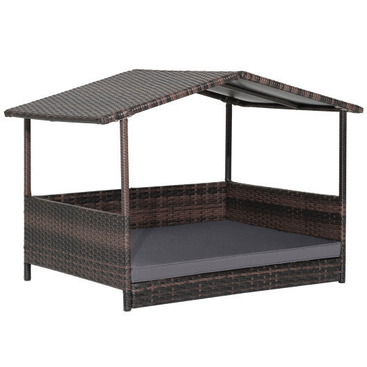 Outdoor Wicker Dog House with Weatherproof Roof-Gray - Color: Gray W2B