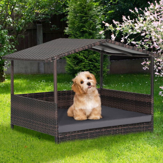 Outdoor Wicker Dog House with Weatherproof Roof-Gray - Color: Gray W2B