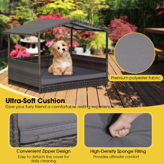 Outdoor Wicker Dog House with Weatherproof Roof-Gray - Color: Gray W2B