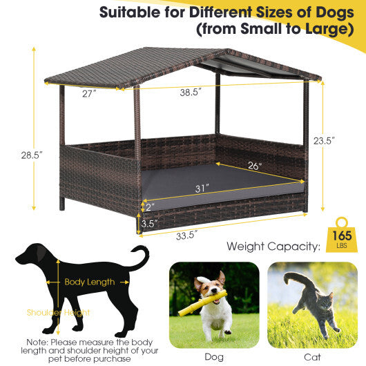 Outdoor Wicker Dog House with Weatherproof Roof-Gray - Color: Gray W2B