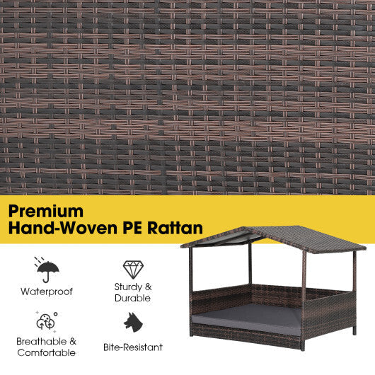 Outdoor Wicker Dog House with Weatherproof Roof-Gray - Color: Gray W2B