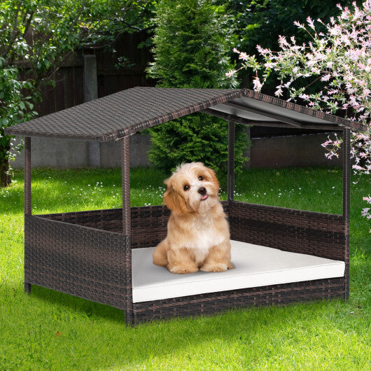 Outdoor Wicker Dog House with Weatherproof Roof-Gray W2B