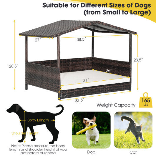 Outdoor Wicker Dog House with Weatherproof Roof-Gray W2B