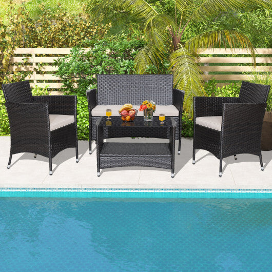 4 Pieces Patio Conversation Set with Soft Cushions and Tempered Glass Tabletop