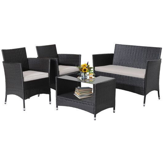 4 Pieces Patio Conversation Set with Soft Cushions and Tempered Glass Tabletop