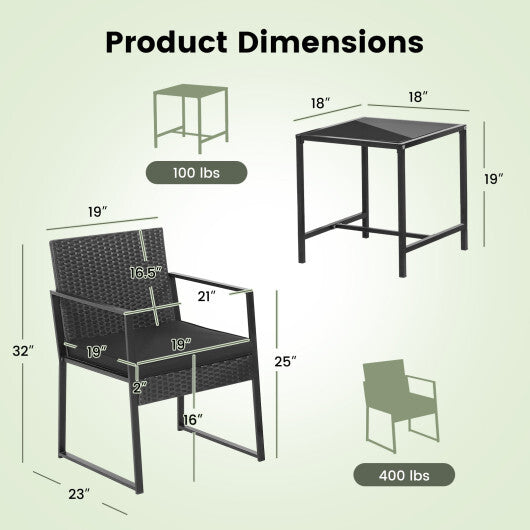 3 Pieces Modern Heavy Duty Patio Furniture Set with Coffee Table-Black W2B