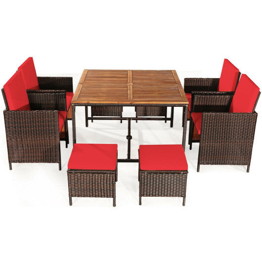 9 Pieces Patio Rattan Dining Cushioned Chairs Set-Red