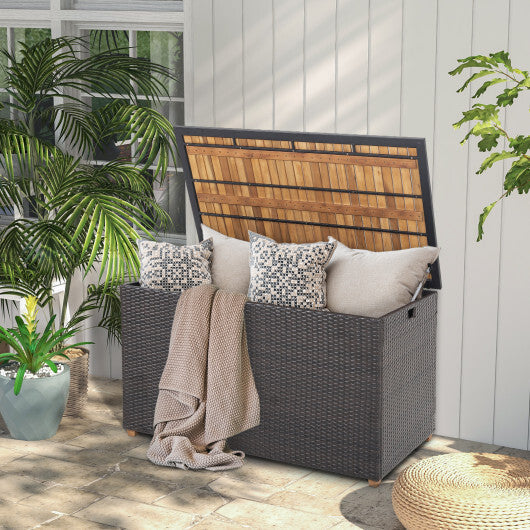 134 Gallon Rattan Storage Box with Zippered Liner and Solid Acacia Wood Top W2B