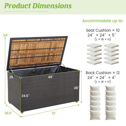 134 Gallon Rattan Storage Box with Zippered Liner and Solid Acacia Wood Top W2B