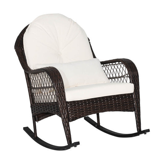 Patio Rattan Rocking Chair with Seat Back Cushions and Waist Pillow-White W2B