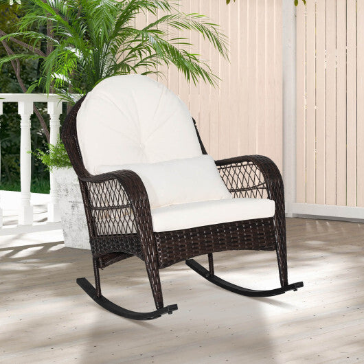 Patio Rattan Rocking Chair with Seat Back Cushions and Waist Pillow-White W2B