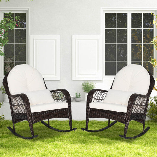 Patio Rattan Rocking Chair with Seat Back Cushions and Waist Pillow-White W2B