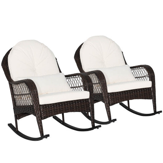 Patio Rattan Rocking Chair with Seat Back Cushions and Waist Pillow-White W2B
