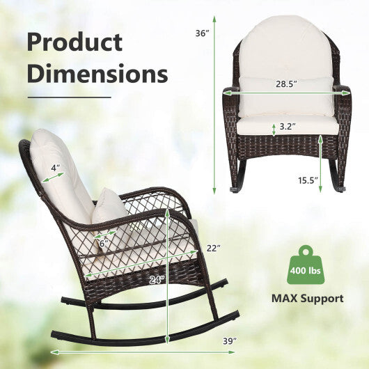Patio Rattan Rocking Chair with Seat Back Cushions and Waist Pillow-White W2B