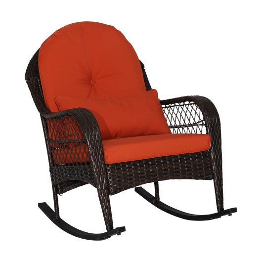 Patio Rattan Rocking Chair with Seat Back Cushions and Waist Pillow-White W2B