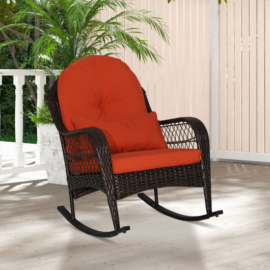 Patio Rattan Rocking Chair with Seat Back Cushions and Waist Pillow-White W2B