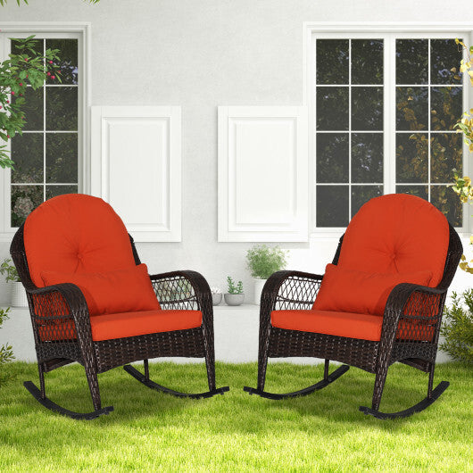 Patio Rattan Rocking Chair with Seat Back Cushions and Waist Pillow-White W2B