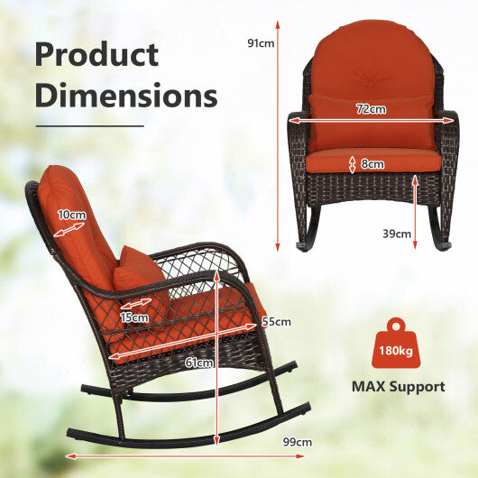Patio Rattan Rocking Chair with Seat Back Cushions and Waist Pillow-White W2B