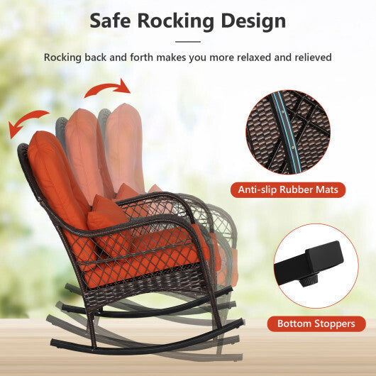 Patio Rattan Rocking Chair with Seat Back Cushions and Waist Pillow-White W2B