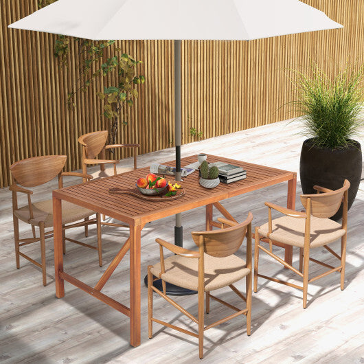 55 Inch Patio Rectangular Acacia Wood Dining Table with Umbrella Hole