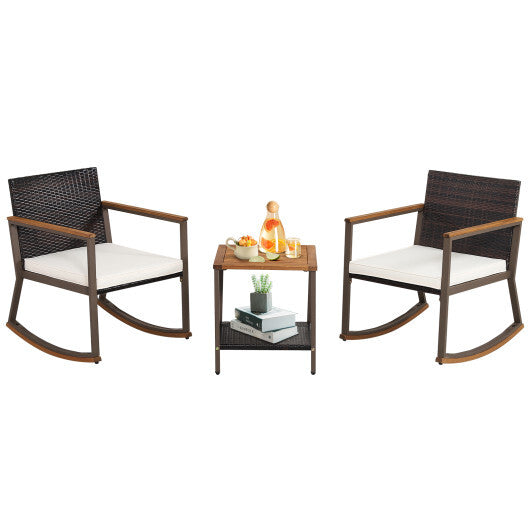 3 Pieces Rattan Rocking Bistro Set with Coffee Table and Cushions-Off White W2B