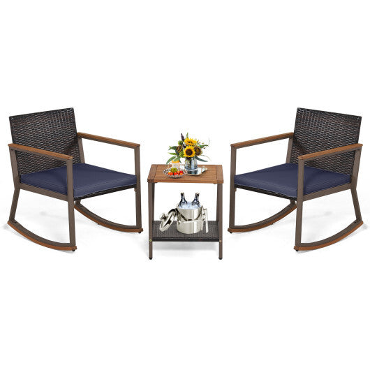 3 Pieces Rattan Rocking Bistro Set with Coffee Table and Cushions-Navy - Color: Navy W2B