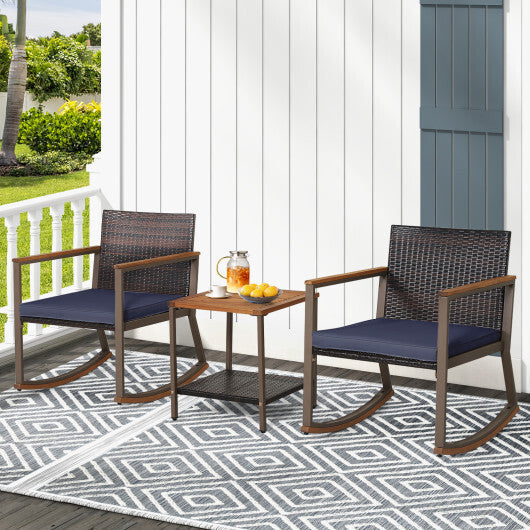 3 Pieces Rattan Rocking Bistro Set with Coffee Table and Cushions-Navy - Color: Navy W2B