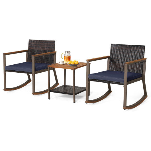 3 Pieces Rattan Rocking Bistro Set with Coffee Table and Cushions-Navy - Color: Navy W2B