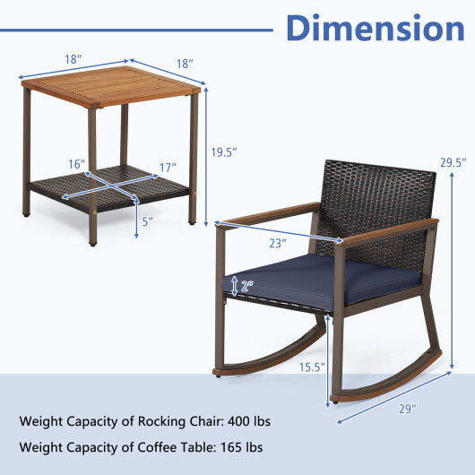 3 Pieces Rattan Rocking Bistro Set with Coffee Table and Cushions-Navy - Color: Navy W2B