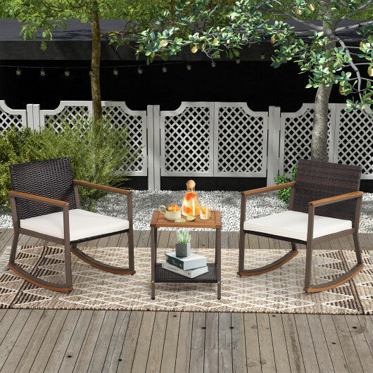 3 Pieces Rattan Rocking Bistro Set with Coffee Table and Cushions-Off White W2B