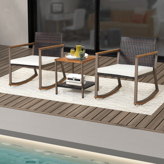 3 Pieces Rattan Rocking Bistro Set with Coffee Table and Cushions-Off White W2B