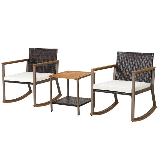 3 Pieces Rattan Rocking Bistro Set with Coffee Table and Cushions-Off White W2B