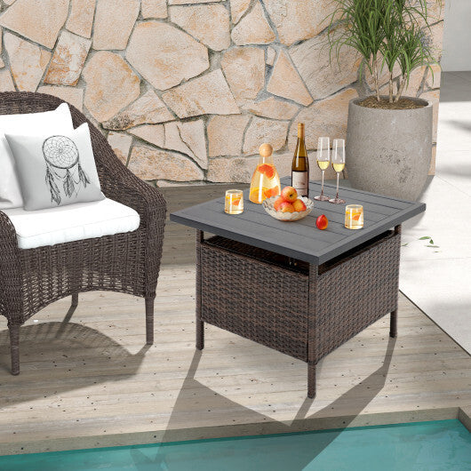 Patio Square Wicker Side Table with Umbrella Hole for Yard Garden Poolside W2B