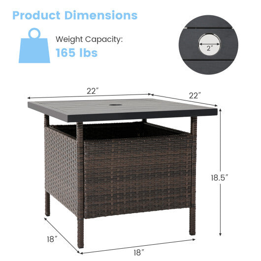 Patio Square Wicker Side Table with Umbrella Hole for Yard Garden Poolside W2B