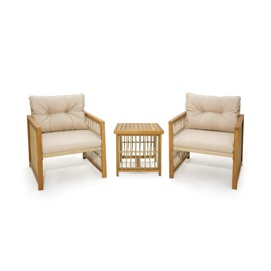 3 Pieces Patio PE Wicker Conversation Set with Acacia Wood Frame and Cushions-Beige
