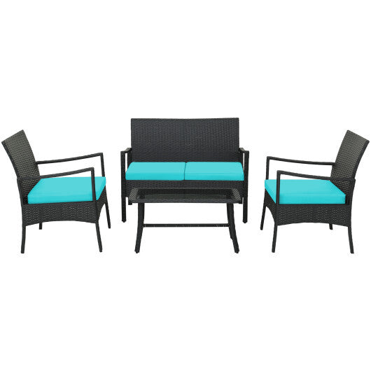 4 Pieces Rattan Conversation Set with Tempered Glass Coffee Table-Turquoise