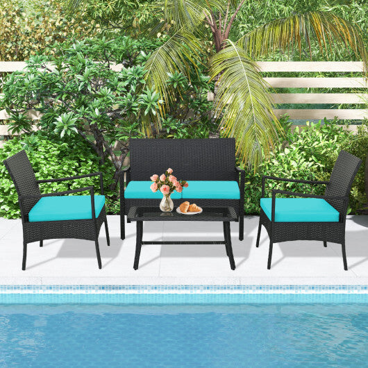 4 Pieces Rattan Conversation Set with Tempered Glass Coffee Table-Turquoise W2B