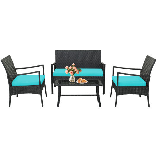 4 Pieces Rattan Conversation Set with Tempered Glass Coffee Table-Turquoise W2B