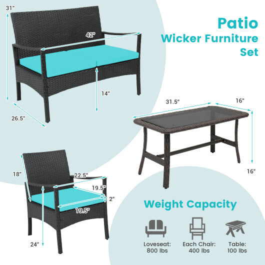 4 Pieces Rattan Conversation Set with Tempered Glass Coffee Table-Turquoise W2B
