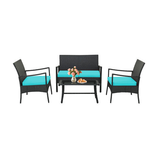 4 Pieces Rattan Conversation Set with Tempered Glass Coffee Table-Turquoise W2B