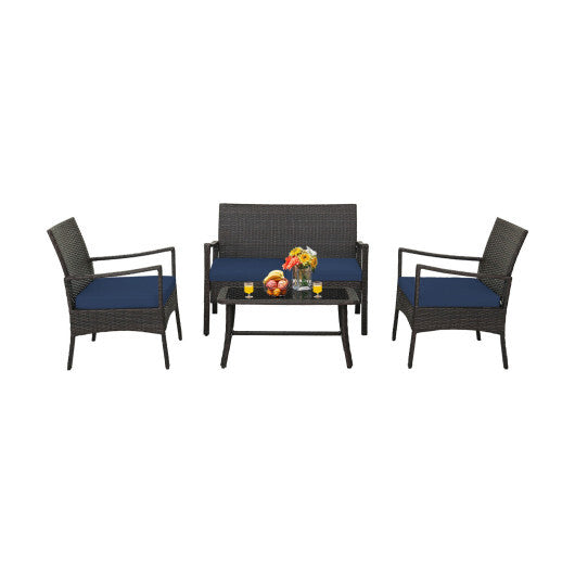 4 Pieces Rattan Conversation Set with Tempered Glass Coffee Table-Turquoise W2B