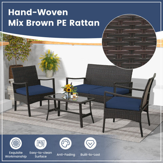 4 Pieces Rattan Conversation Set with Tempered Glass Coffee Table-Turquoise W2B