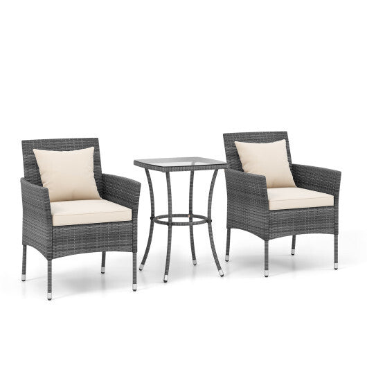 3 Pieces Patio Furniture Set with Cushioned Patio Chairs and Tempered Glass Coffee Table-Black
