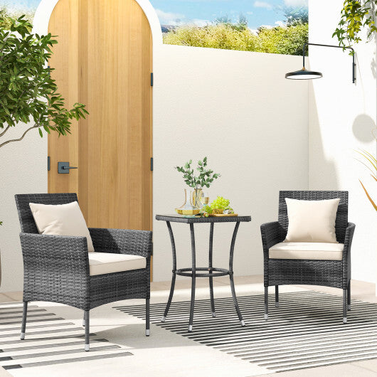 3 Pieces Patio Furniture Set with Cushioned Patio Chairs and Tempered Glass Coffee Table-Black