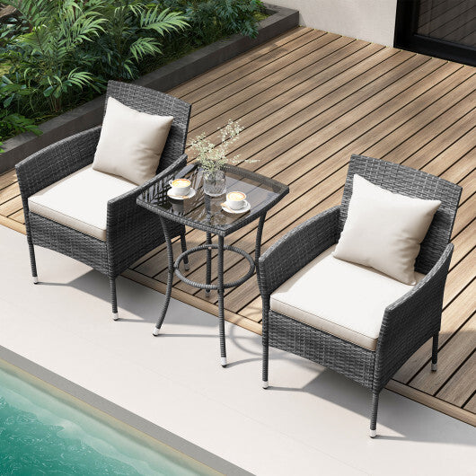 3 Pieces Patio Furniture Set with Cushioned Patio Chairs and Tempered Glass Coffee Table-Black