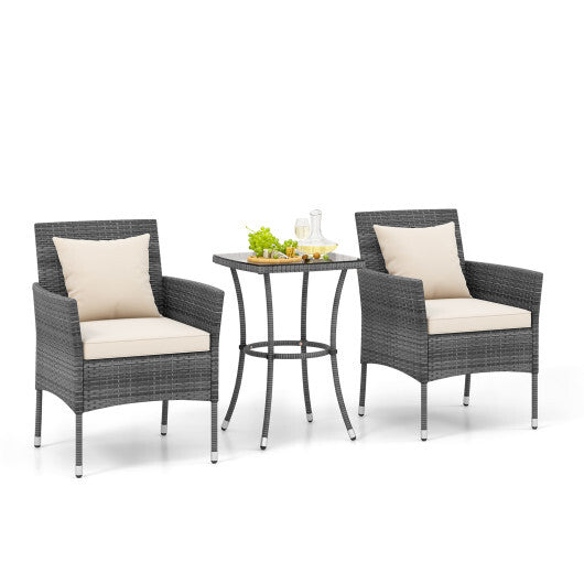 3 Pieces Patio Furniture Set with Cushioned Patio Chairs and Tempered Glass Coffee Table-Black